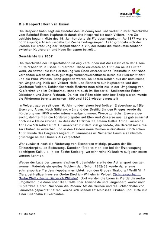 PDF-Datei (9 Seiten) zur Geschichte der Hespertalbahn in Essen, Claus Weber 2012