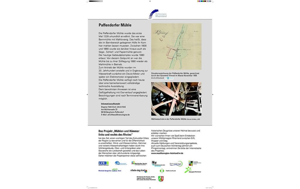 Informationstafel der Paffendorfer Mühle mit Texten und Fotos zur Mühle und zum Projekt "Mühlen und Hämmer links und rechts des Rheins" (2011).