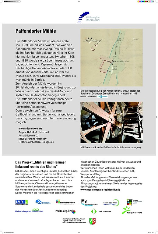 Informationstafel der Paffendorfer Mühle mit Texten und Fotos zur Mühle und zum Projekt "Mühlen und Hämmer links und rechts des Rheins" (2011).