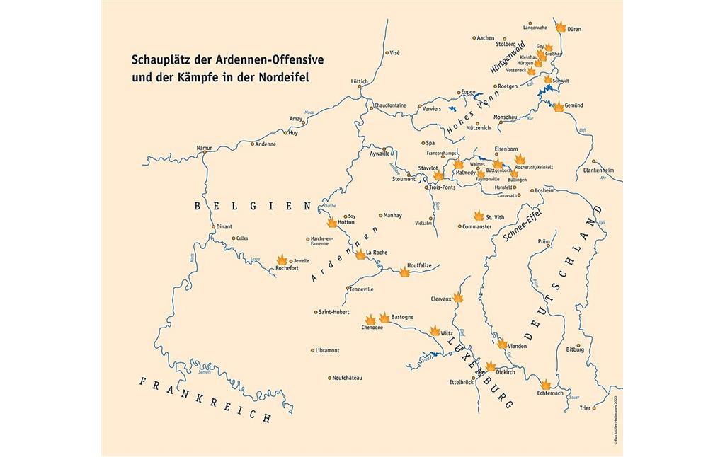 Die Karte verzeichnet eine Auswahl von Ortschaften, die durch die Kämpfe während der Ardennen-Offensive sowie in und um den Hürtgenwald zwischen Oktober 1944 und März 1945 besonders stark zerstört wurden.