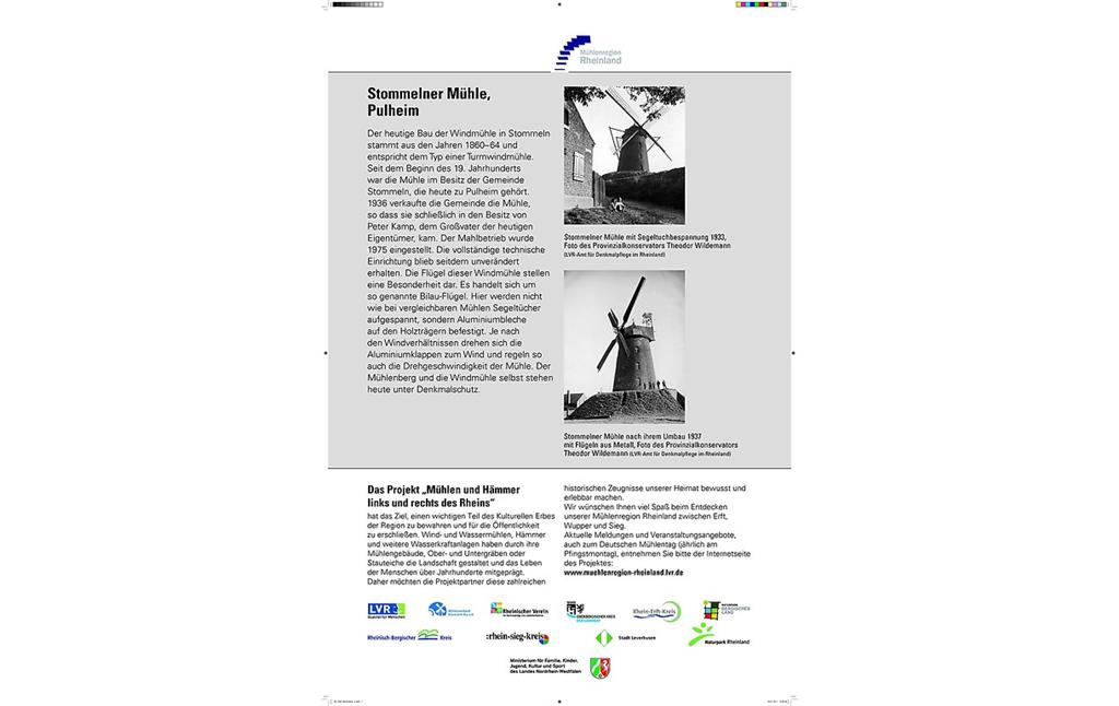Informationstafel zur Stommelner Mühle mit Texten und Fotos zur Stommelner Mühle und zum Projekt "Mühlen und Hämmer links und rechts des Rheins" (2011).