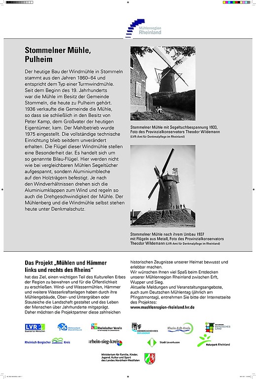 Informationstafel zur Stommelner Mühle mit Texten und Fotos zur Stommelner Mühle und zum Projekt "Mühlen und Hämmer links und rechts des Rheins" (2011).